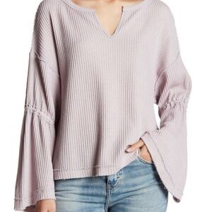 We The Free Dahlia Split Neck Waffle Knit Bell Sleeve Top